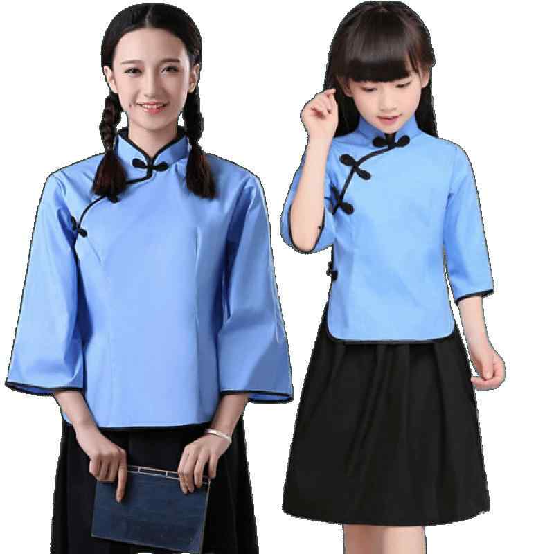 子供 演劇服 女の子 民国風 学生服 綿 素材 夏 ダンス衣装 ステージ セット シンプル スタイル 半袖 トップス スカート 組み合わせ かわいい