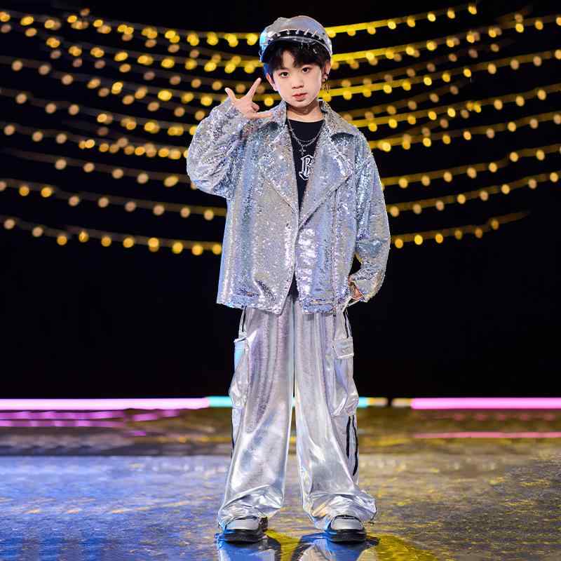 子供ダンス衣装 男の子 女の子 ヒップホップ ストリートダンス ジャズダンス スパンコール セット 銀 黒 ポリエステル 柔軟 ステージ パフォーマンス トレン...
