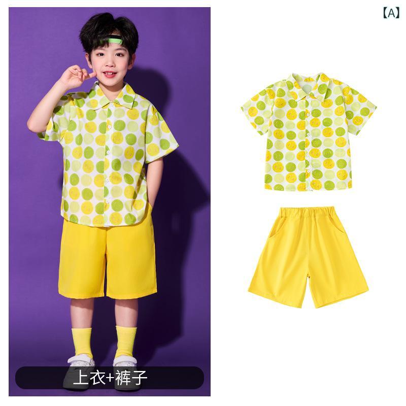 チア ユニフォーム 男の子 女の子 小学生 運動会 チアダンス パフォーマンス 衣装 夏 黄 笑顔 プリント..