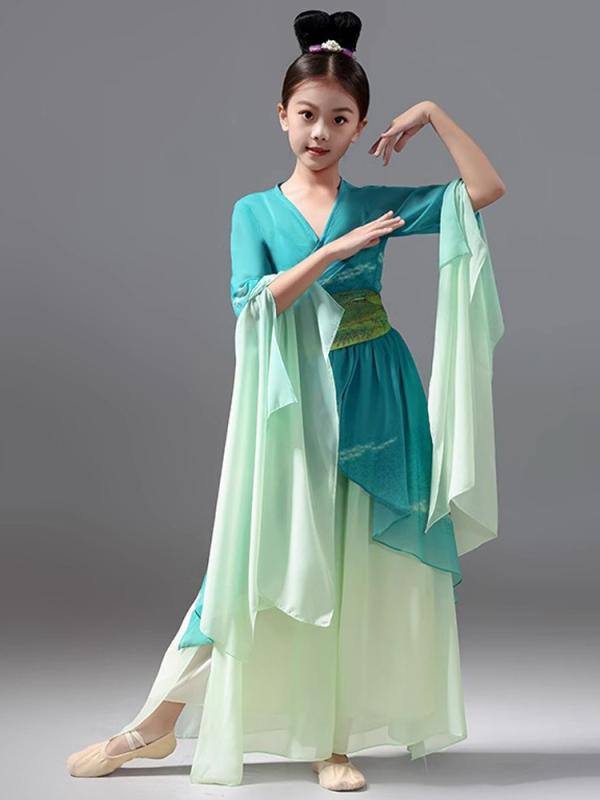 漢服 女の子 中国風 舞踊服 セット 墨緑 青袖 腰封 スカートパンツ ポリエステル 柔軟 プリーツ加工 ゆったり シルエット オールシーズン パフォーマンス ...