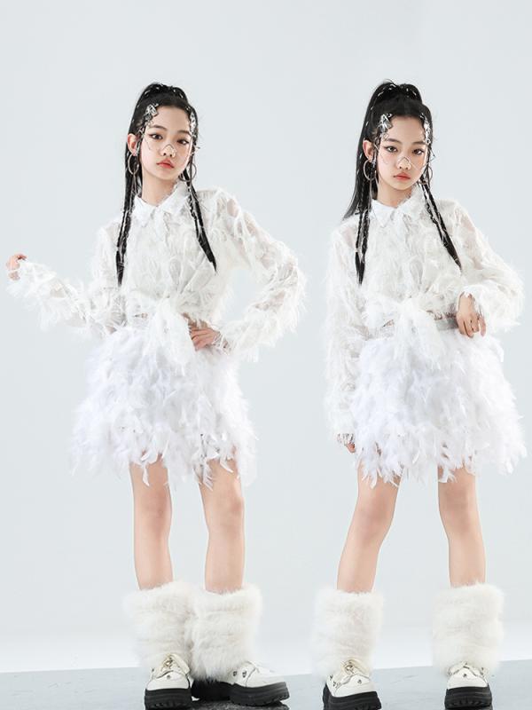 ダンス衣装 女の子 ジャズ 韓版 スパンコール 羽毛 シャツ スカート クール セット 白 ポリエステル オールシーズン 子供 ステージ 演出 かわいい スタイ...