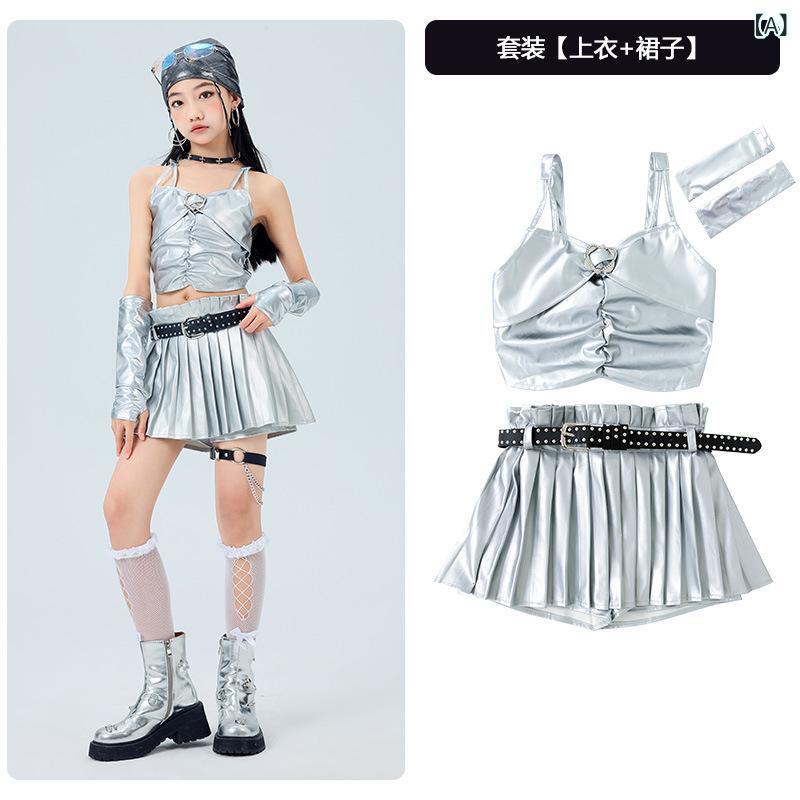 子供 ダンス衣装 男の子 女の子 ストリートダンス ジャズダンス ヒップホップ トレンド 銀 袖キャミソール プリーツスカート 綿 夏 ステージ ランウェイ お...