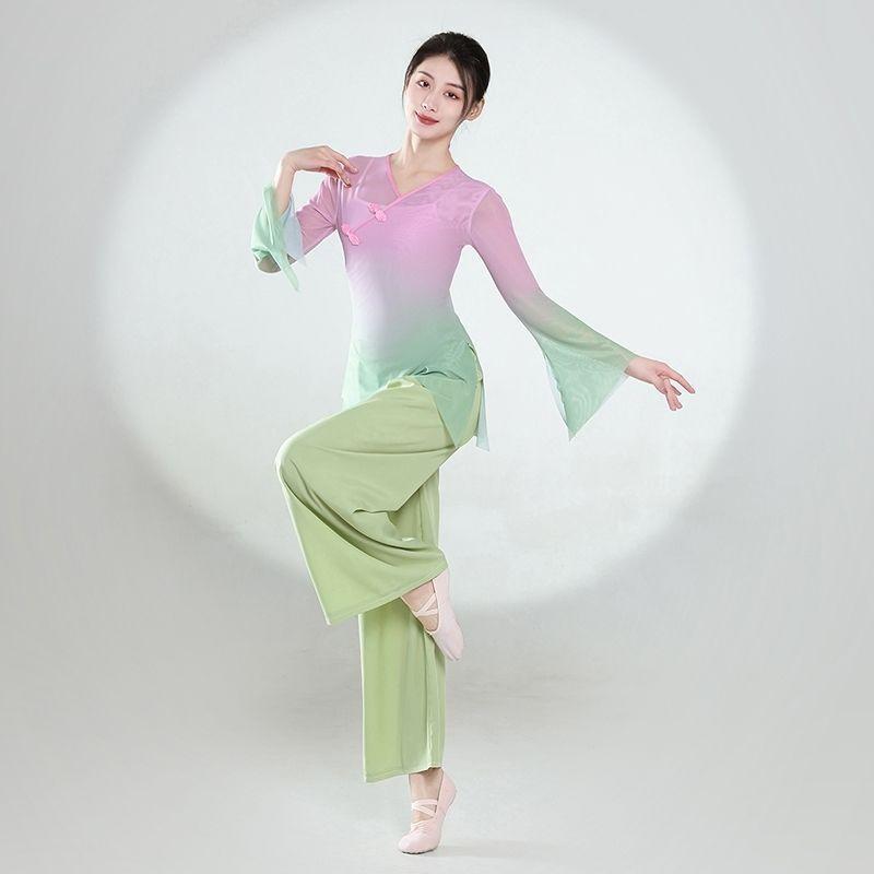 ダンス衣装 メンズ レディース 民族舞 グラデーション セット シフォントップス ワイドパンツ キャミソール 春 赤 緑 青 シェニール 伸縮性 広場ダンス