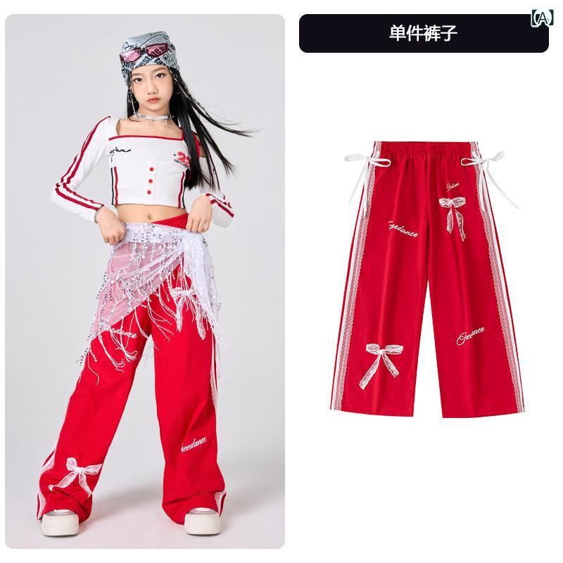 ストリートダンス衣装 子供 男の子 女の子 ヒップホップ 長袖トップス ロングパンツ セット 赤白 赤 レース 綿 春夏 パフォーマンス ランウェイ 伸縮性 軽...