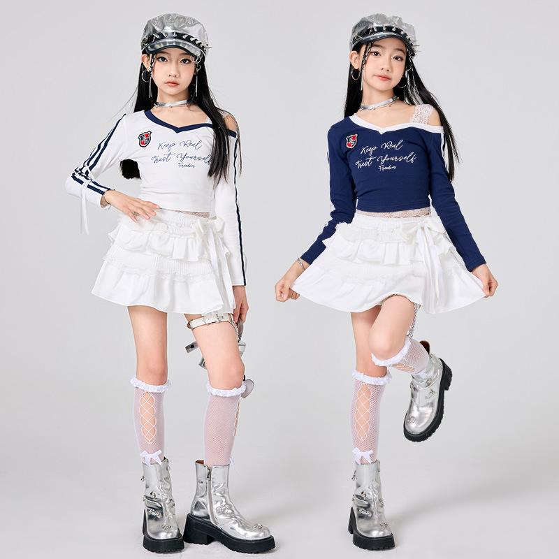 ダンス衣装 女の子 ストリートダンス ヒップホップ レース 長袖 スカート セット コットン ネイビー 白 春夏 表演 モデル 走秀 かわいい 子供 潮服
