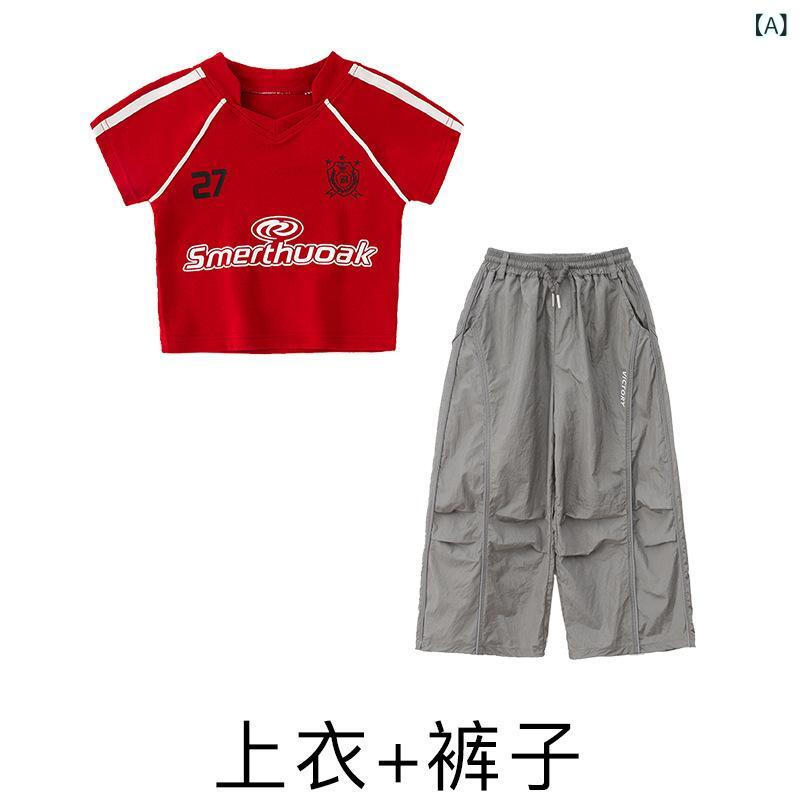 ダンス衣装 女の子 ジャズ 現代 韓国 夏 伸縮性 プリント レース フリル パフォーマンス セット クール ファッショナブル 子供用 赤 グレー 白