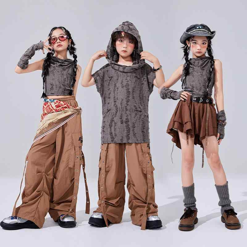 ダンス衣装 男の子 女の子 ヒップホップ ストリートダンス 練習服 ステージ衣装 ダメージ加工 フード コットン 夏 ブラウン ブラック グレー セット