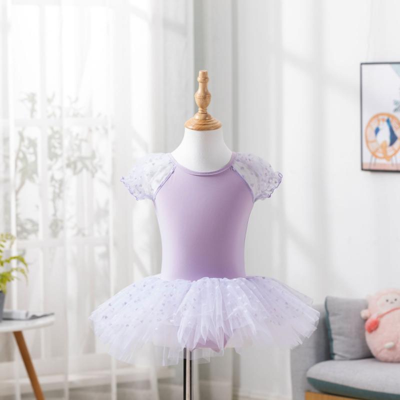 バレエ服 女の子 半袖 春夏 ダンス練習着 スカート ナイロン素材 柔軟 かわいい カートゥーン柄 ピンク ライトブルー パープル ステージ用 伸縮性