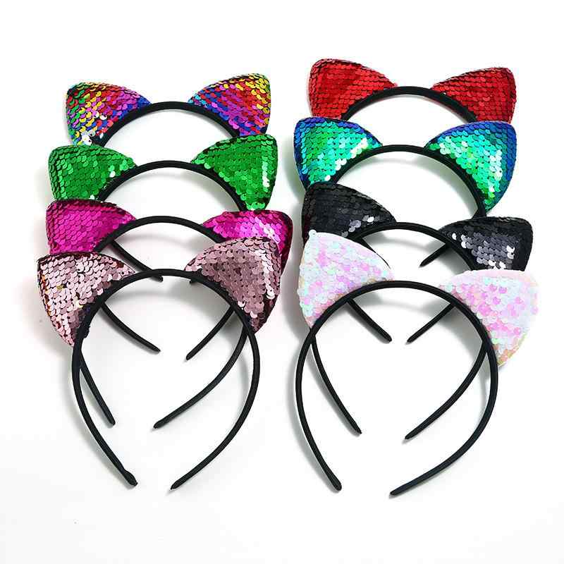 ヘアバンド 子供 猫耳 スパンコール フリップ かわいい カートゥーン スタイル 布地 夏 青 ピンク 緑 ..