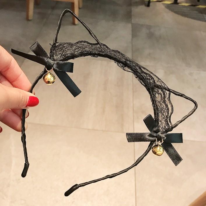 ヘアアクセサリー 大人 子供 猫耳 ヘッドバンド レース 鈴 かわいい 蝶結び 動物モチーフ 黒 白 夏 パ..