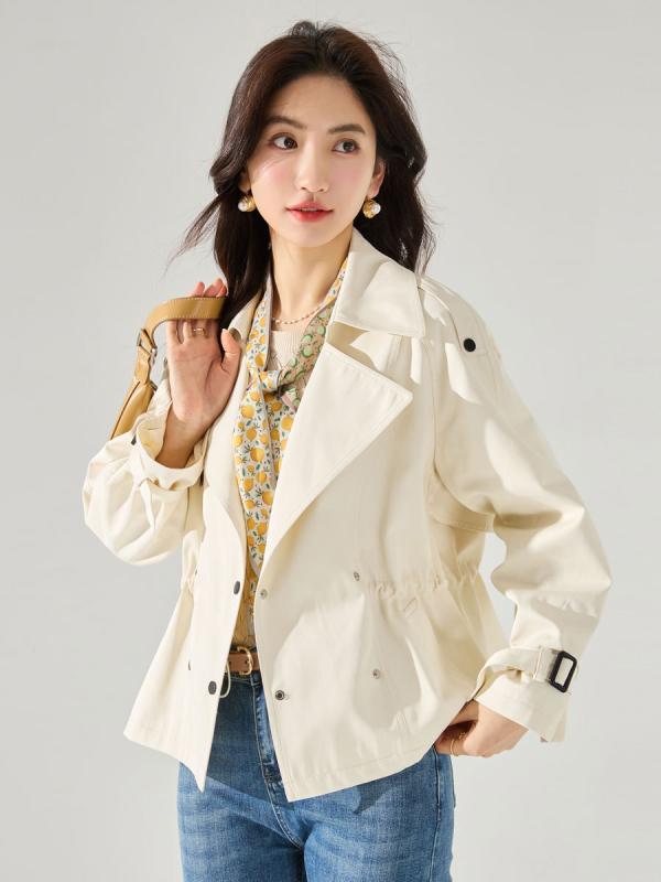 トレンチコート レディース 秋 短丈 ドローコード クラシック 綿 通勤 知的 シワ耐性 良い 小柄 ウエス..