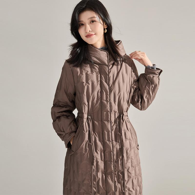 ダウンジャケット レディース ロング丈 ウエストシェイプ フード ゆったり ドローコード 超厚手 ダウン ポリエステル カジュアル 冬 ベージュ キャメル ブラック 普段使い 軽量 暖か(4)