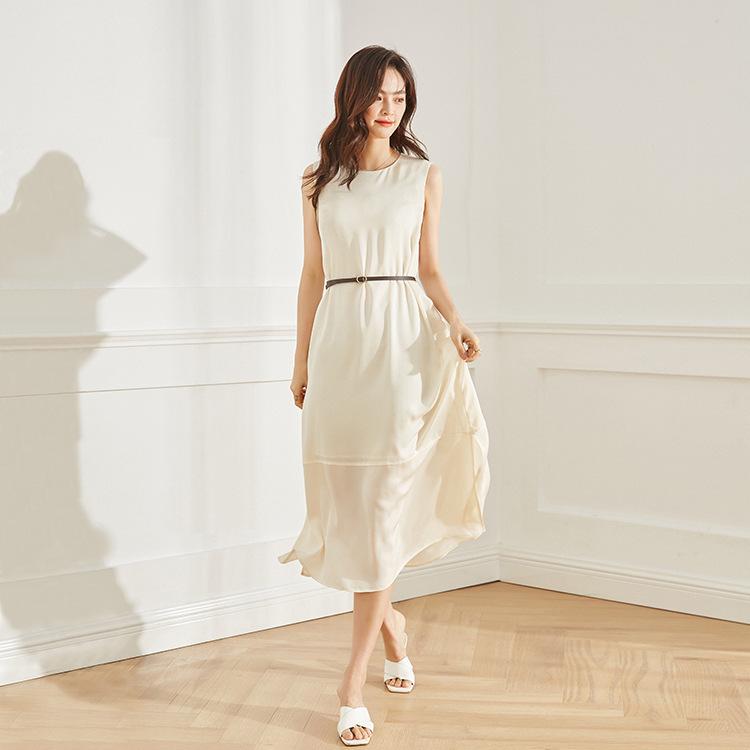 ワンピース レディース ノースリーブ クルーネック ミドル丈 インナー ルーズフィット ベーシック シンプル 上品 通勤 オフィス 無地 アセテート ポリエステル 夏 黒 米白(4)