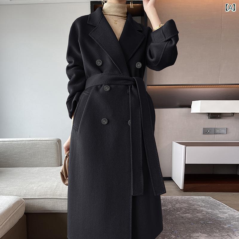 楽天おうち健康生活レディース ウールコート 秋冬 ロング丈 ダブルフェイス キャッシュメア混 厚手 ストレート ダブルブレスト テーラードカラー ラグラン袖 通勤 エレガント 韓国 ブリティッシュスタイル キャメル ブラック
