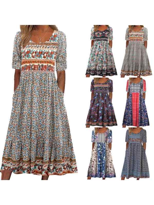 ワンピース レディース 夏 ロング 半袖 丸首 Aライン ボヘミアン フラワー プリント 切り替え ポリエステル 通勤 エレガント ミドルウ..