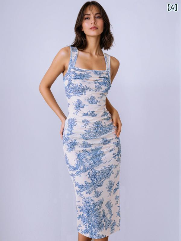 ワンピース レディース 春夏 ミドル丈 キャミソール スクエアネック スリム サイドスリット ノースリーブ ハイウエスト プリーツ 再生繊維 植物花柄 プリント 青 爽やか かわいい ガーリー