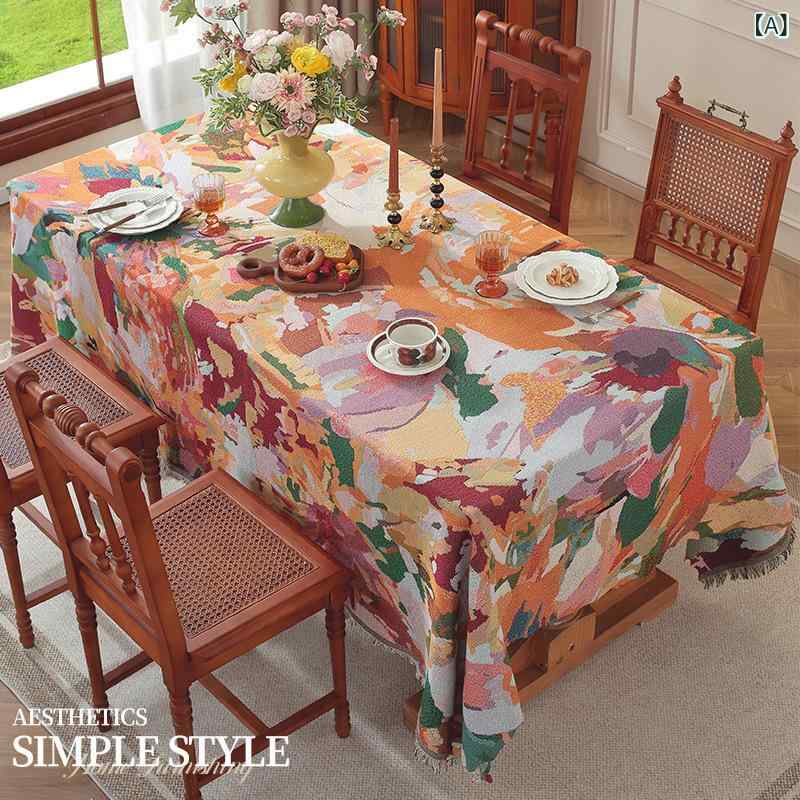 テーブルクロス アメリカン レトロ 油絵風 コットン ガーゼ 長方形 田園風 高級感 提花 ティーテーブル..