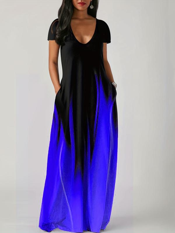 ワンピース レディース 夏 ロング丈 花柄プリント カジュアル ルーズフィット 半袖 Uネック 切り替え ..