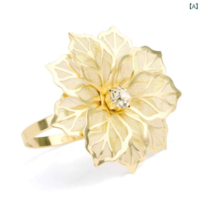 ナプキンリング 金属製 電気メッキ加工 透かし彫り 宝石 金 銀 花柄 星型 バラ イチョウ葉 ビーズ ドッ..