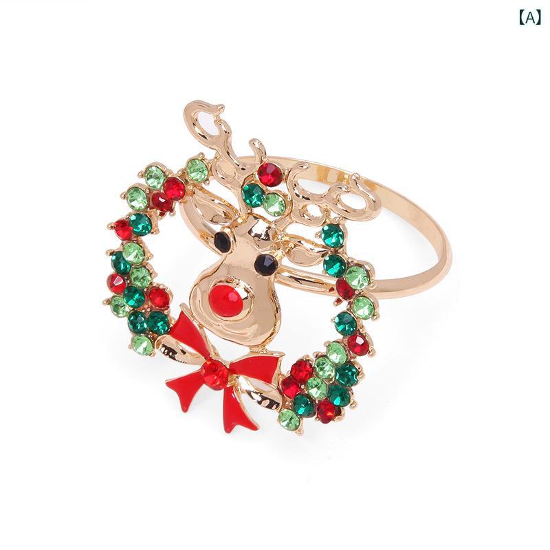 ナプキンリング クリスマス 亜鉛合金 電気メッキ 白 宝石 精巧 鹿頭 花輪 鈴 雪だるま 雪花 クリスマス..
