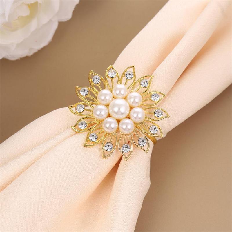 ナプキンリング 繊細 ラインストーン パール 装飾 ホロウ フラワー 金属 電気メッキ 加工 黄 金色 花 ..