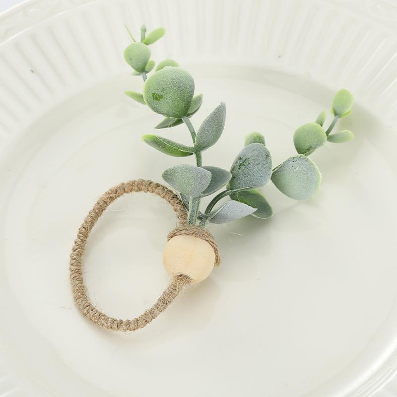 ナプキンリング ユーカリ 葉 柄 セージグリーン 木製 手描き 粗麻ひも 布 リング モダン シンプル テー..