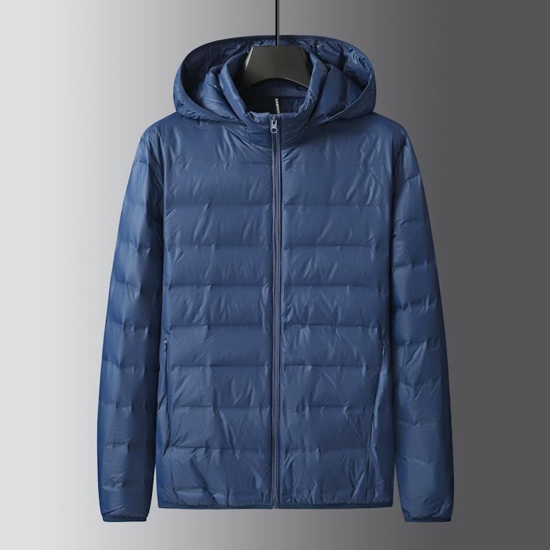 ダウンジャケット メンズ ゆったり 大きめ フード 軽量 薄手 カジュアル 冬 黒 紺 グレー ポリエステル 白鴨ダウン 保温 ノンアイロン