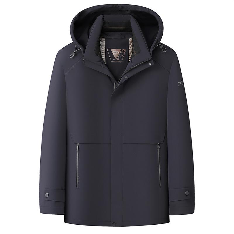 ダウンジャケット メンズ 冬 グースダウン 防寒 高保温 大きいサイズ ゆったり 取り外しフード 中長丈 スタンドカラー ジッパー 厚手 ナイロン混紡 ポリエステル裏地 黒 ネイビー 日常 ベーシック アウター