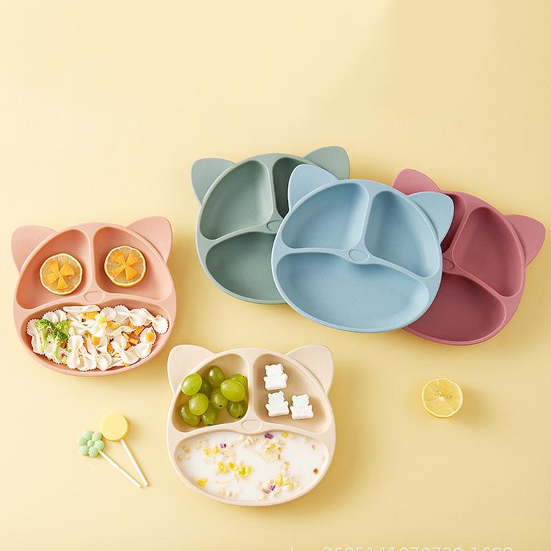 ベビー食器 男の子 女の子 シリコン 吸盤一体 トレイ 分格 ボウル 防摔 セット カートゥーン猫 かわい..