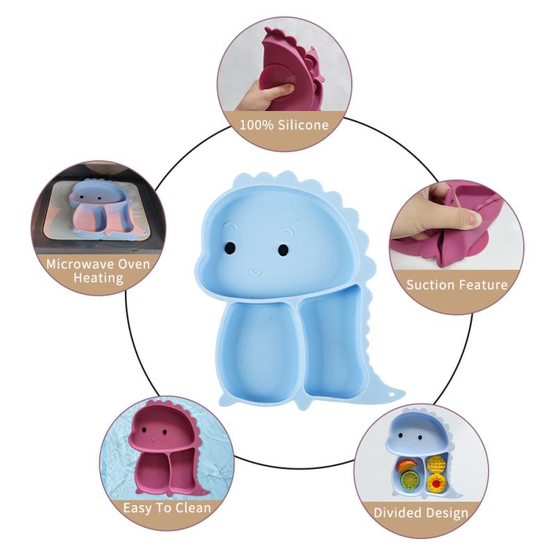 ベビー 食器 セット 男の子 女の子 シリコン 恐竜 柄 分格 トレイ 吸盤 一体型 カートゥーン かわいい ..