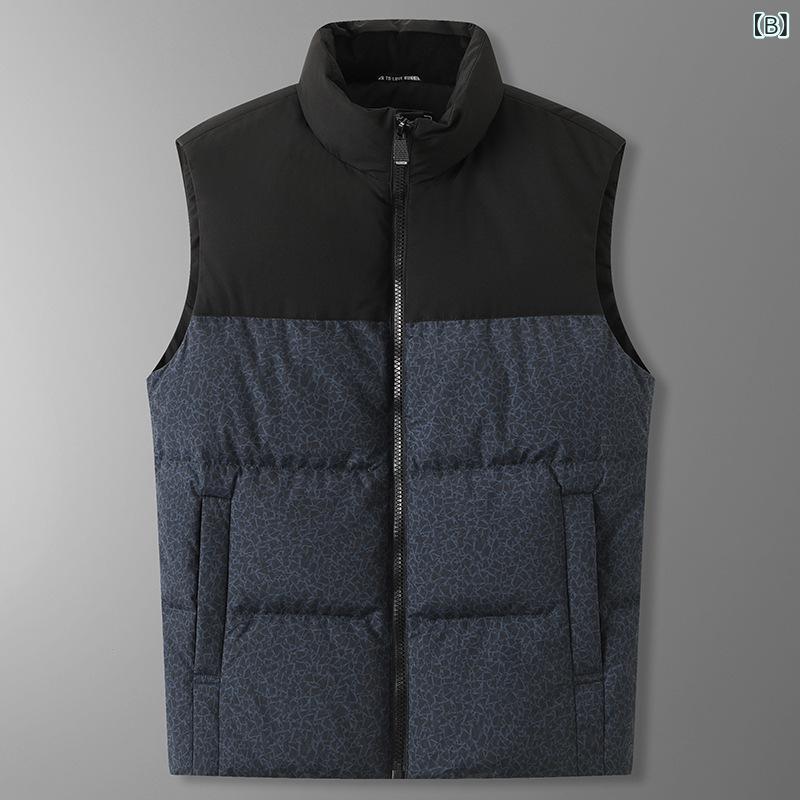 ダウンベスト メンズ 大きいサイズ ゆったり シルエット スタンドカラー 冬用 厚手 白鴨ダウン ポリエステル混紡 グレー ブルー ふんわり 防寒 洗濯機可 パンクスタイル