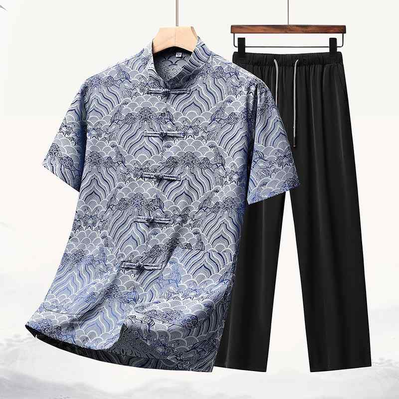 中式 唐装 メンズ 中高年 シニア 父親 祖父 夏 半袖 接触冷感 提花 プリント ポリエステル 中国風 上品 日常着 普段使い ビジネス 通勤 紳士 セット 紺 青花 緑