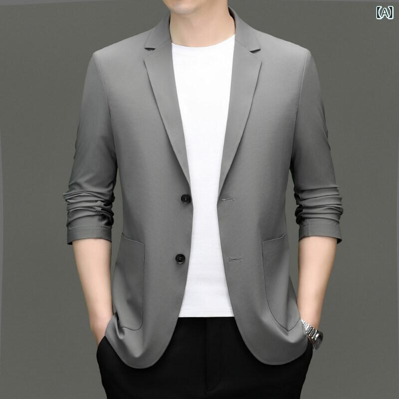 スーツ メンズ 春 ビジネス カジュアル 通勤 シングルブレスト ノッチラペル スリム 薄手 接触冷感 ポリエステル ナイロン 紫外線カット 日常 グレー カーキ ネイビー