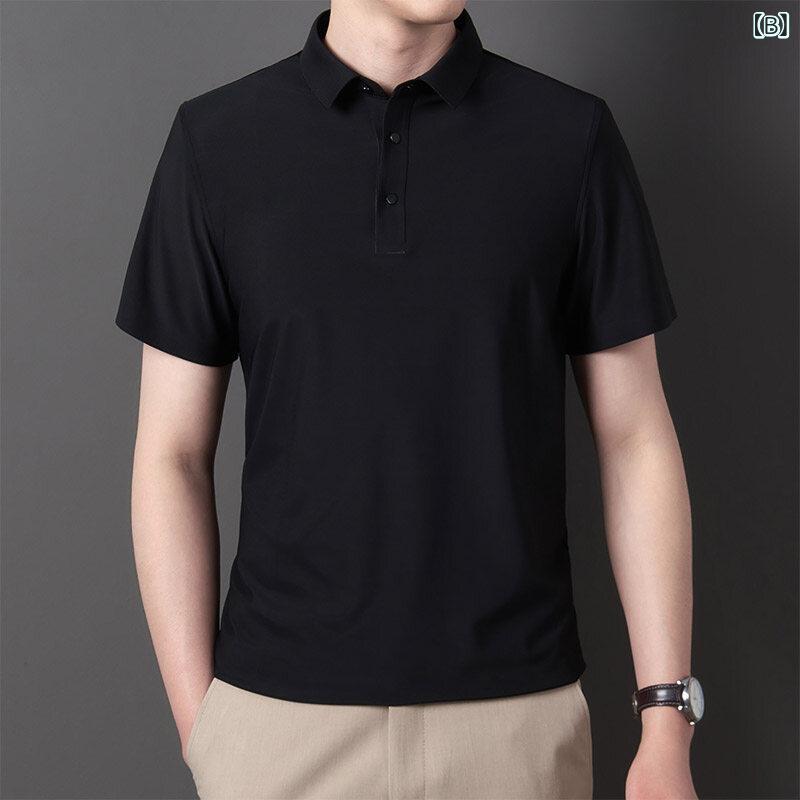 ポロシャツ メンズ 半袖 カジュアル 夏 接触冷感 高伸縮性 ナイロン混紡 シームレス 無地 薄手 軽量 ベーシック 日常 ストリート 通勤 普段使い ウォッシュド クライン藍 グレー 黒