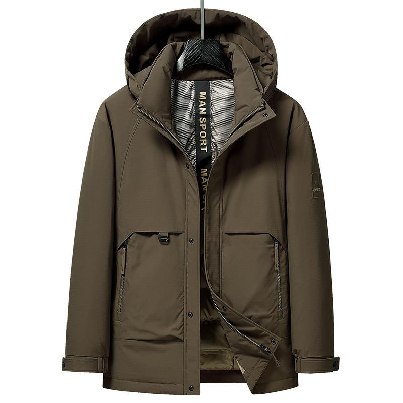 ダウンジャケット メンズ フード アウトドア 秋冬 防水 防風 防撕裂 抗寒 防羽抜け 保温 ルーズフィット ミドル丈 無地 カジュアル 日常 厚手 鴨ダウン ポリエステル混紡 ベージュ 黒