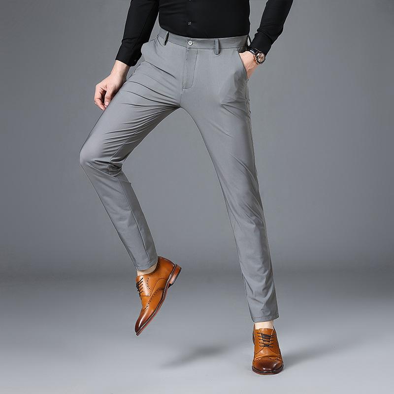 スラックス メンズ 50代 大人 ビジネス レジャー ストレート ロング 中腰 ゆったり 伸縮性 高級感 夏 日常 薄手 無地 ポケット ナイロン 混紡 黒 紺 グレー