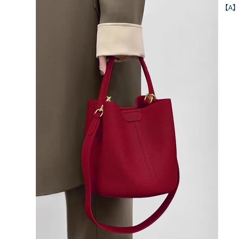 バケットバッグ レディース 大容量 筒形 小型 ショルダータイプ 斜めがけ 合成皮革 ソフト マグネット開閉 ステッチ 機能的 春 日常 普段使い 通勤 ワインレッド 黒 グレー