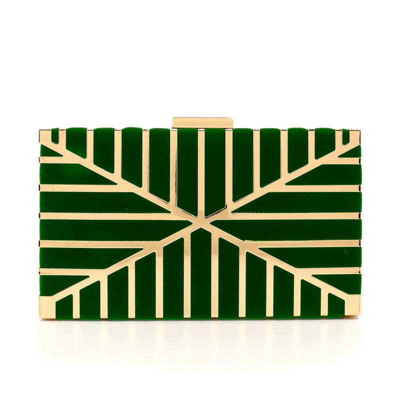 クラッチバッグ レディース 透かし ボックス型 メタル素材 ロック開閉 セミハード 横長四角形 ポリエス..