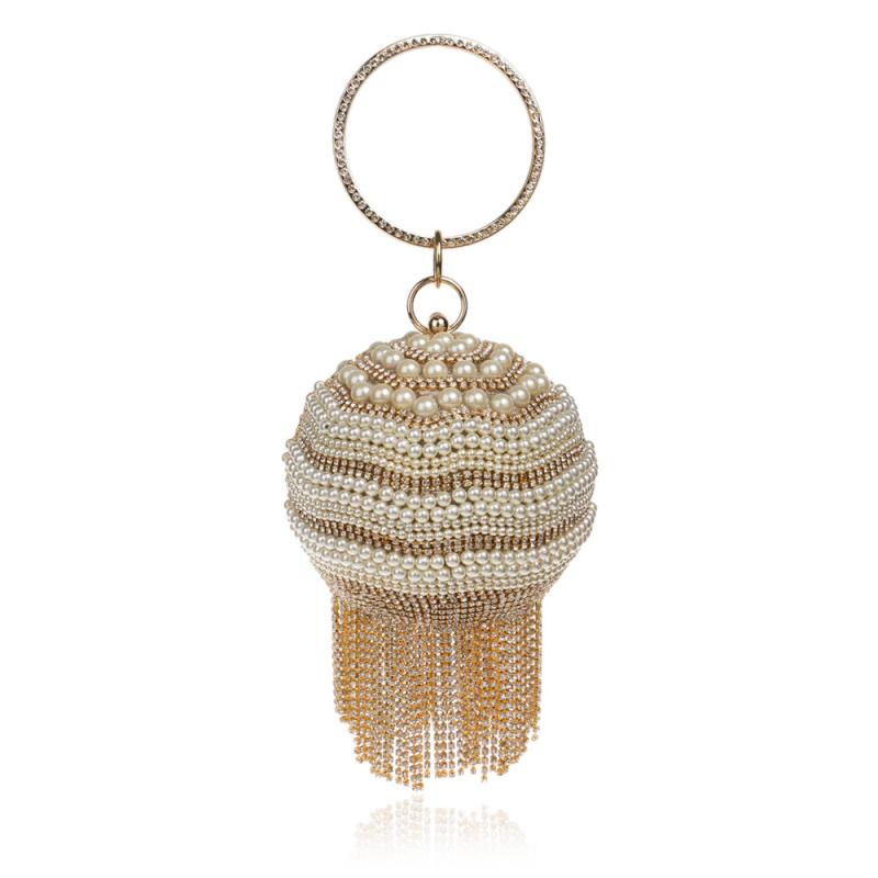 ハンドバッグ レディース 丸型 バケット フリンジ ラインストーン ポリエステル セミハード 蓋開閉 立..