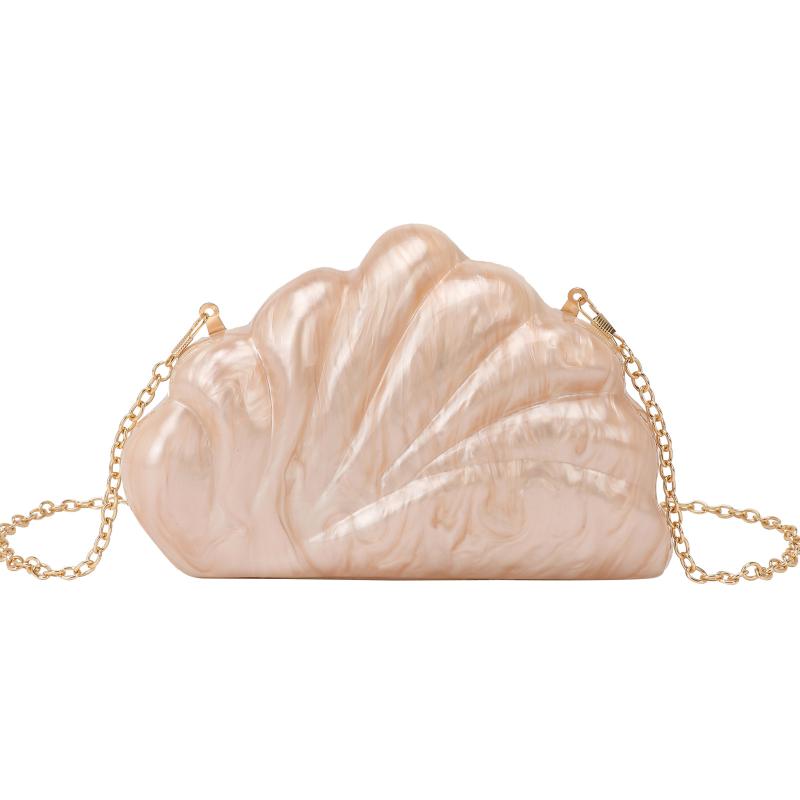 イブニングバッグ レディース 貝殻 扇形 クラッチ チェーン ショルダー 珊瑚型 アクリル素材 ポリエス..