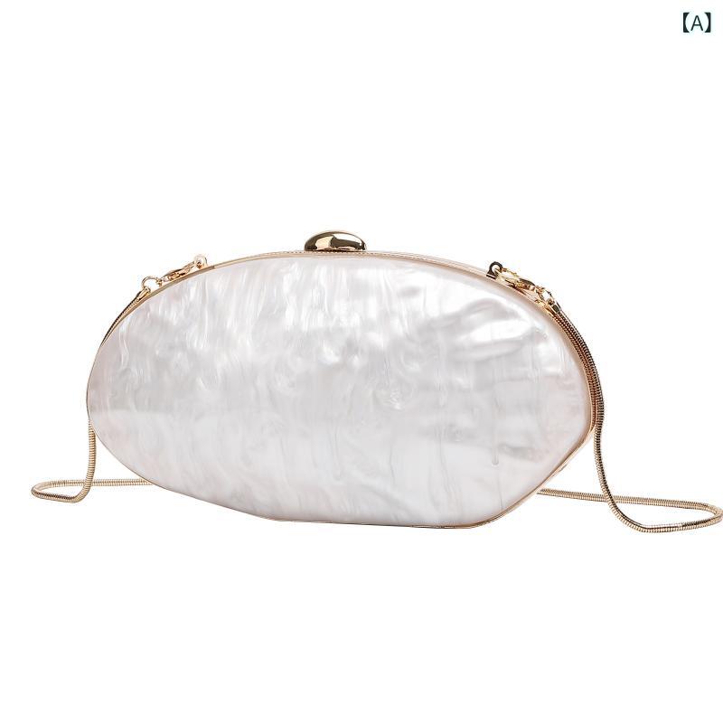 クラッチバッグ レディース アクリル 貝殻型 楕円 小方形 チェーン イブニング パーティー 夏 普段使い 爽やか かわいい 白 貝殻グリーン ピンク 硬め マグネット スマホポケット ポリエステル