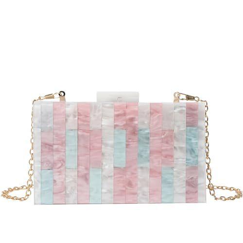 イブニングバッグ レディース ピンク 切り替え アクリル ハンドバッグ チェーン ショルダー ミニ 横型 スクエア ロック開閉 普段使い 春 フレッシュ スイート スタイル 軽量 ハートフル アクセサリー 鞄 トレンド ファッション かわいい 形状 機能