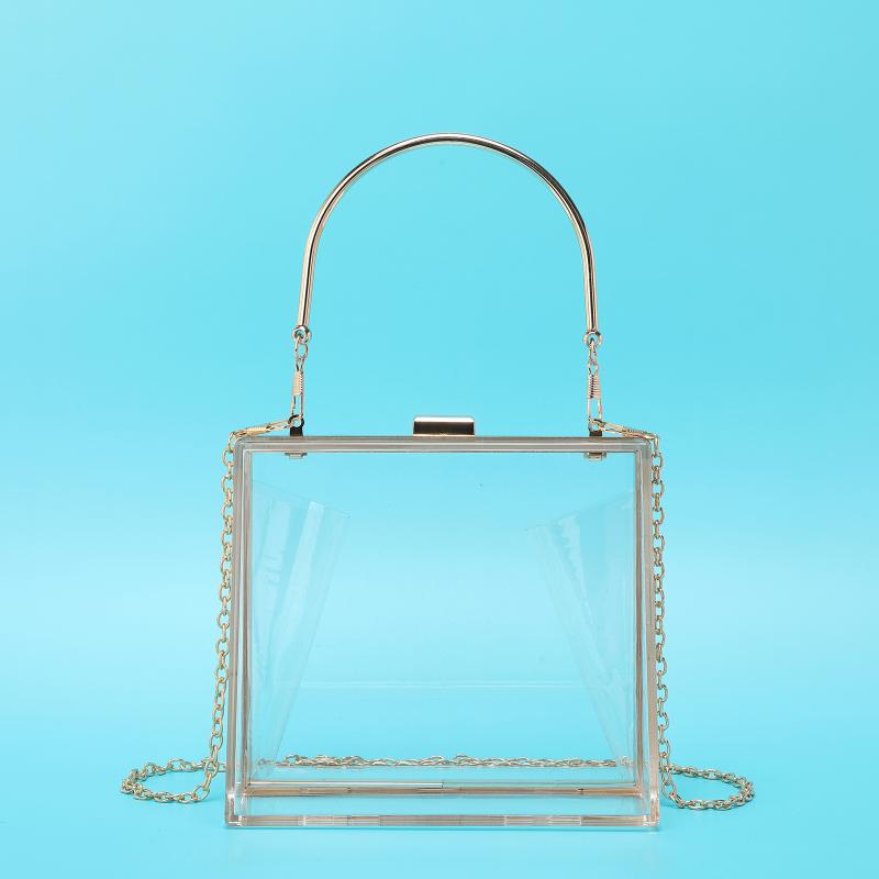 ハンドバッグ レディース 透明 アクリル ミニ 横型 方形 チェーン ショルダー 手提げ 斜めがけ ロック開閉 スマホポケット カードポケット 普段使い パーティー 爽やか かわいい ハード 立体