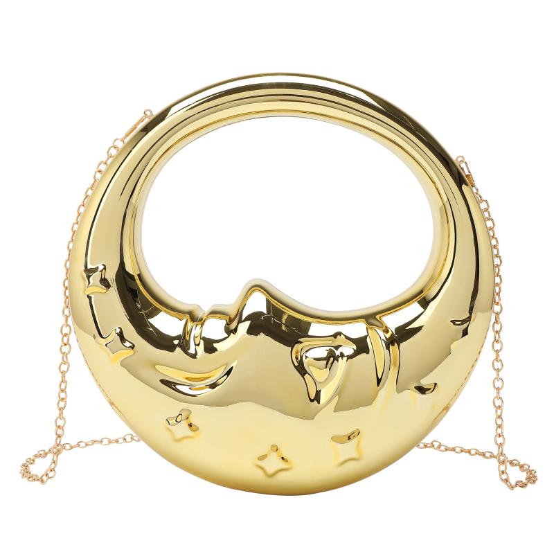 ハンドバッグ レディース ボックスバッグ 丸形 チェーン ショルダーバッグ クロスボディ イブニングバッグ 高級感 光沢 アクリル素材 ゴールド 夏 普段使い ストリートスタイル 硬め スマホポケット 内ポケット ロック開閉