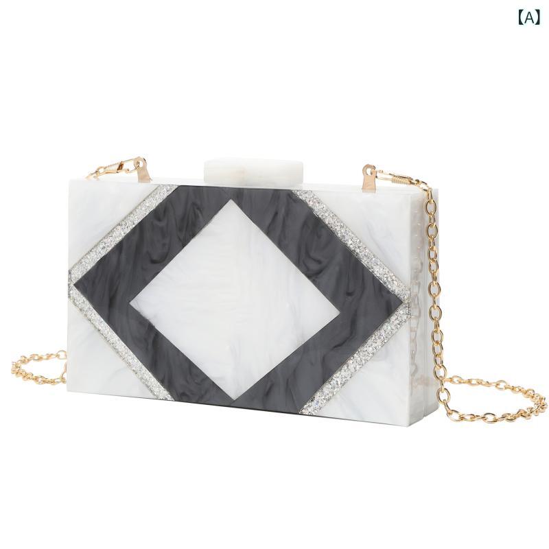 ハンドバッグ レディース アクリル素材 チェーン ミニ スクエア ショルダー 黒白パターン 切り替え 白 シンプル 春 普段使い ハードタイプ 横型 かわいい スタイル