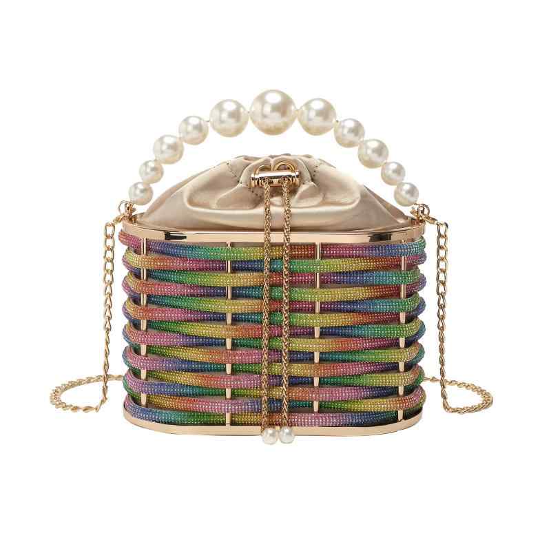 イブニングバッグ レディース バケット型 ラインストーン キラキラ パーティー チェーン ショルダー クラッチ 普段使い 爽やか かわいい アクリル 硬質 春 赤 ピンク シルバー