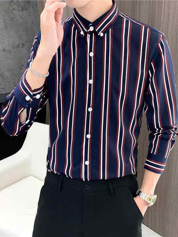 長袖開襟シャツ メンズ 黒白 赤白 青白 ストライプ柄 ルーズフィット ターンカラー 通気性 ポリエステ..