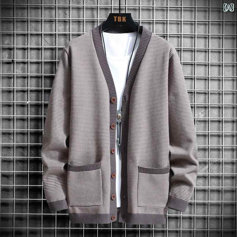 ニット カーディガン メンズ 秋 ルーズ V ネック 長袖 カジュアル ストライプ コントラスト カラー ユ..