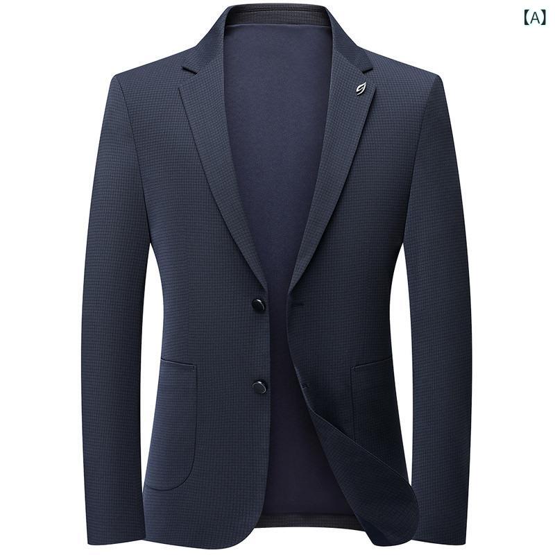 スーツ メンズ スリム ビジネスカジュアル 長袖 ブルー チェック 伸縮性 ポリエステル 高級感 春秋 シングルブレスト 2ボタン 明ポケット ノッチラペル ポリエステル混紡 軽量 吸湿速乾 普段使い 通勤 フォーマル