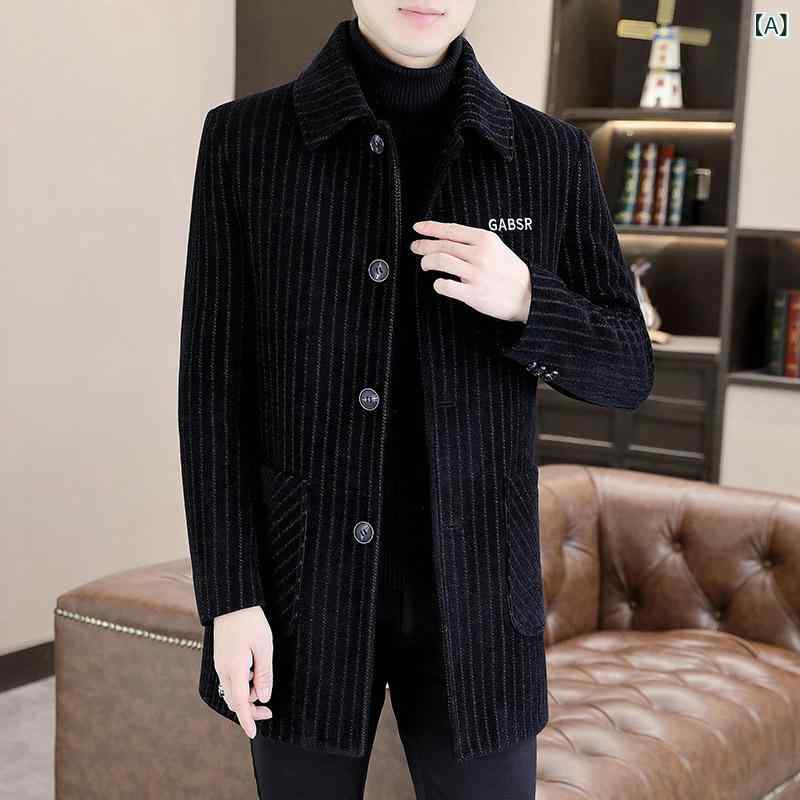 コート メンズ 中長丈 縦ストライプ ポリエステル ウール調 秋冬 スリムフィット シングルブレスト ノ..